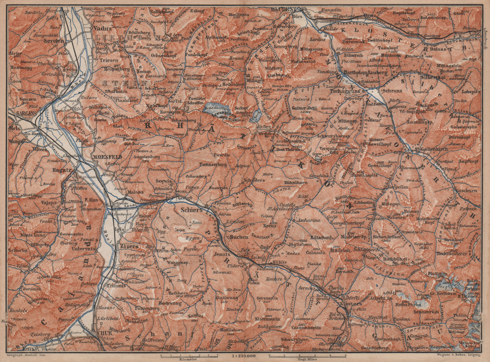 BAD RAGAZ PRÄTIGAU MONTAFON ENVIRONS. Wangs Rätikon Bludenz Maienfeld 1893 map